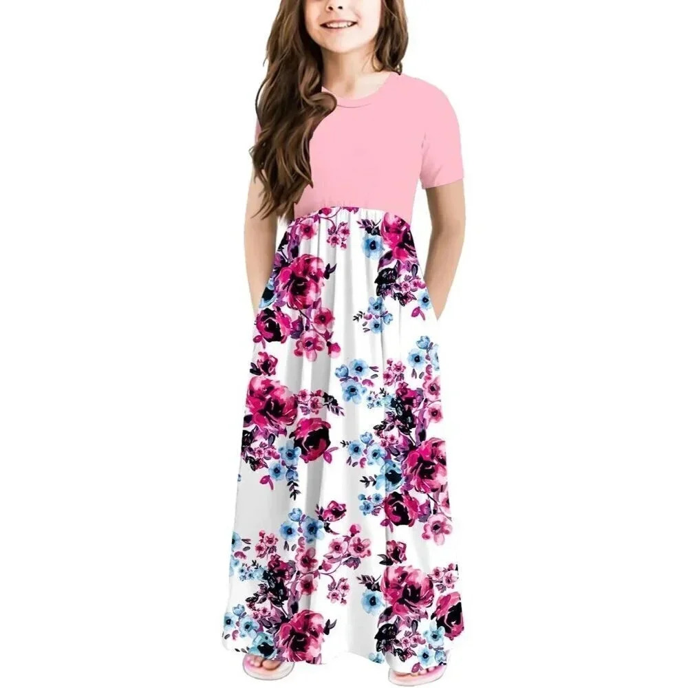 Girls Casual Dress  Short Sleeve Loose Fit Maxi Dresses with Pockets 5-13 Years